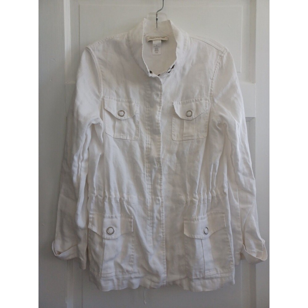 Jones NY white linen anorak jacket M zip snap pockets beach summer